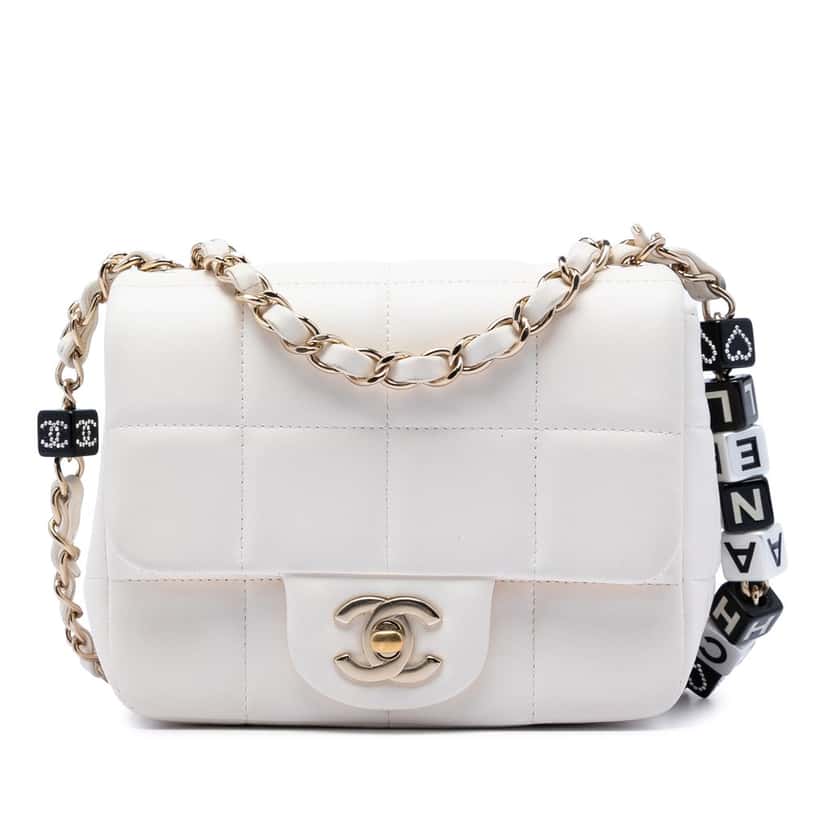 Chanel Mini Quilted Lambskin Resin Crystal Square Monacoco Flap White Leather Very good condition - Front View