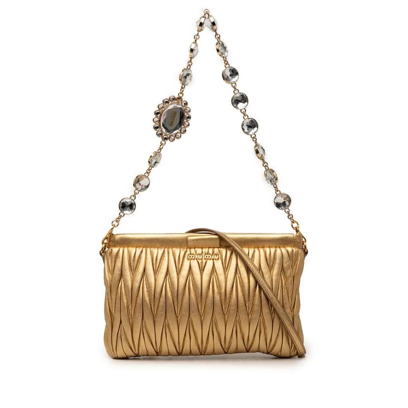 Miu Miu Matelasse Metallic Nappa Frame Crystal Chain Satchel Gold Leather Very good condition - Front View