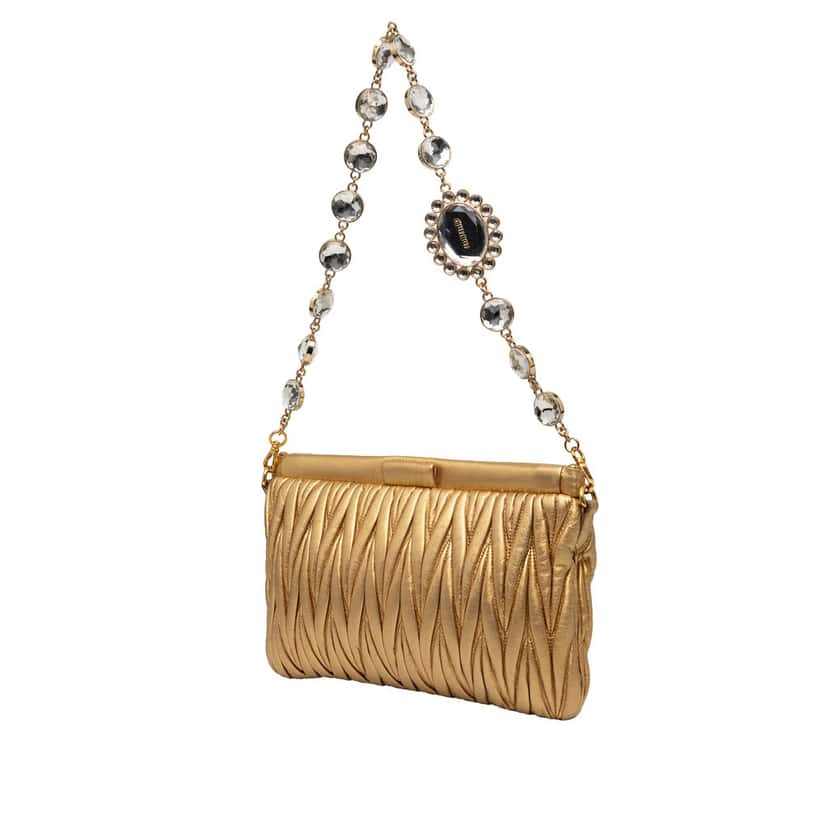 Miu Miu Matelasse Metallic Nappa Frame Crystal Chain Satchel Gold Leather Very good condition - Back View