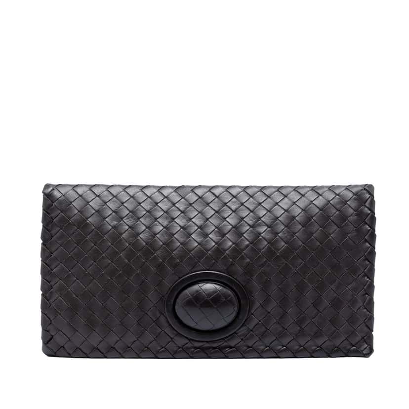 Bottega Veneta Nappa Intrecciato Turn Lock Clutch Black Leather Very good condition - Front View