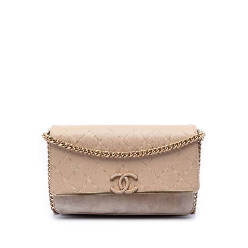 Chanel CC Stitched Caviar and Suede Lady Coco Flap Beige Leather Very good condition - Front View