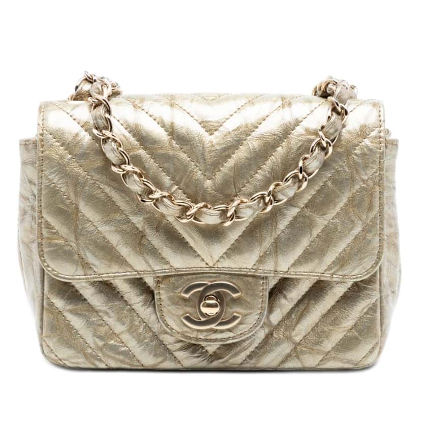 Chanel Mini Square Classic Chevron Metallic Crumpled Calfskin Single Flap Gold Leather Very good condition - Front View