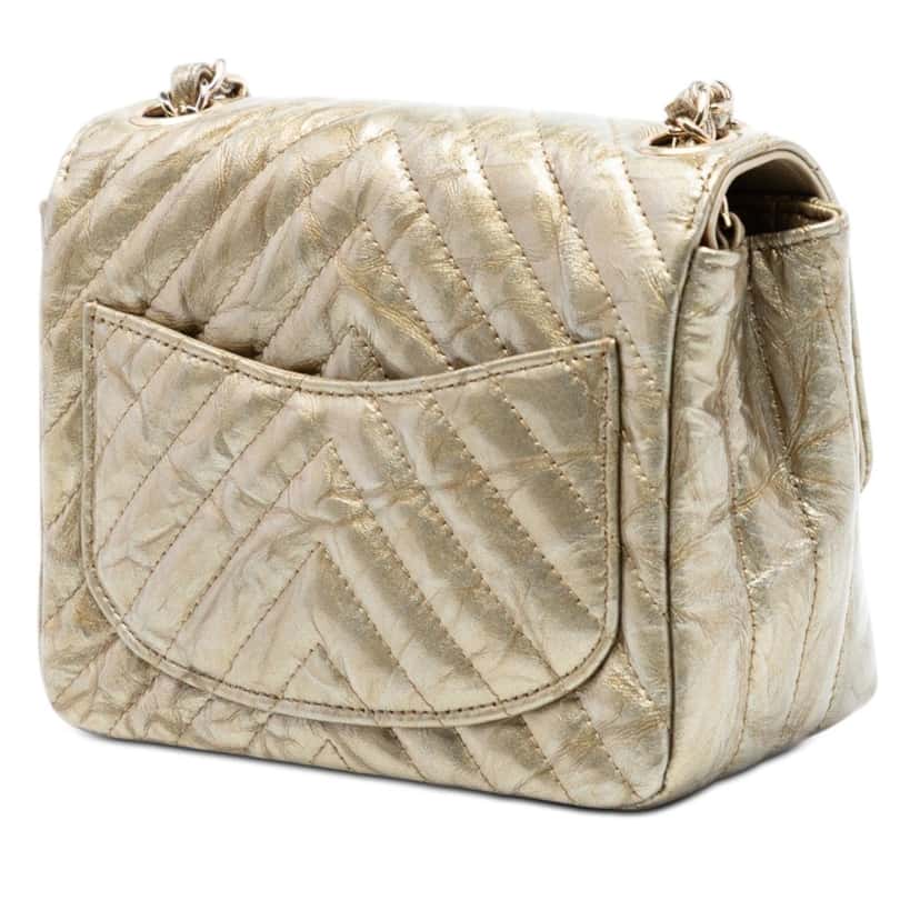 Chanel Mini Square Classic Chevron Metallic Crumpled Calfskin Single Flap Gold Leather Very good condition - Back View