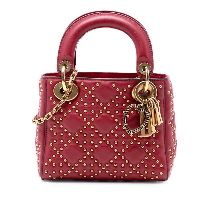 Dior Mini Lambskin Cannage Studded Supple Lady Dior Red Leather Very good condition - Front View