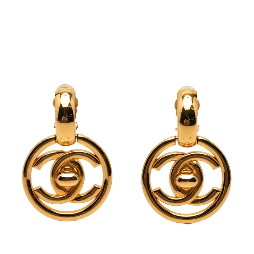 Chanel CC Gold Plated Turnlock Swing Clip On Earrings Gold Metal Very good condition - Front View