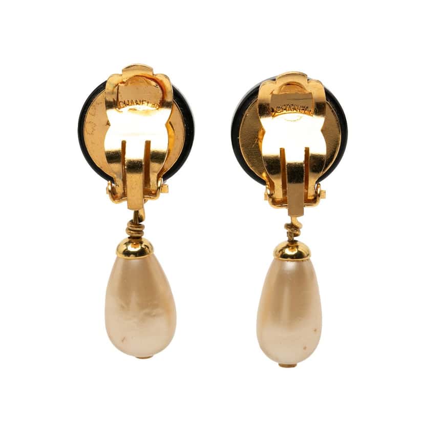 Chanel CC Gold Plated Resin and Faux Pearl Drop Clip On Earrings Black Plastic Very good condition - Back View
