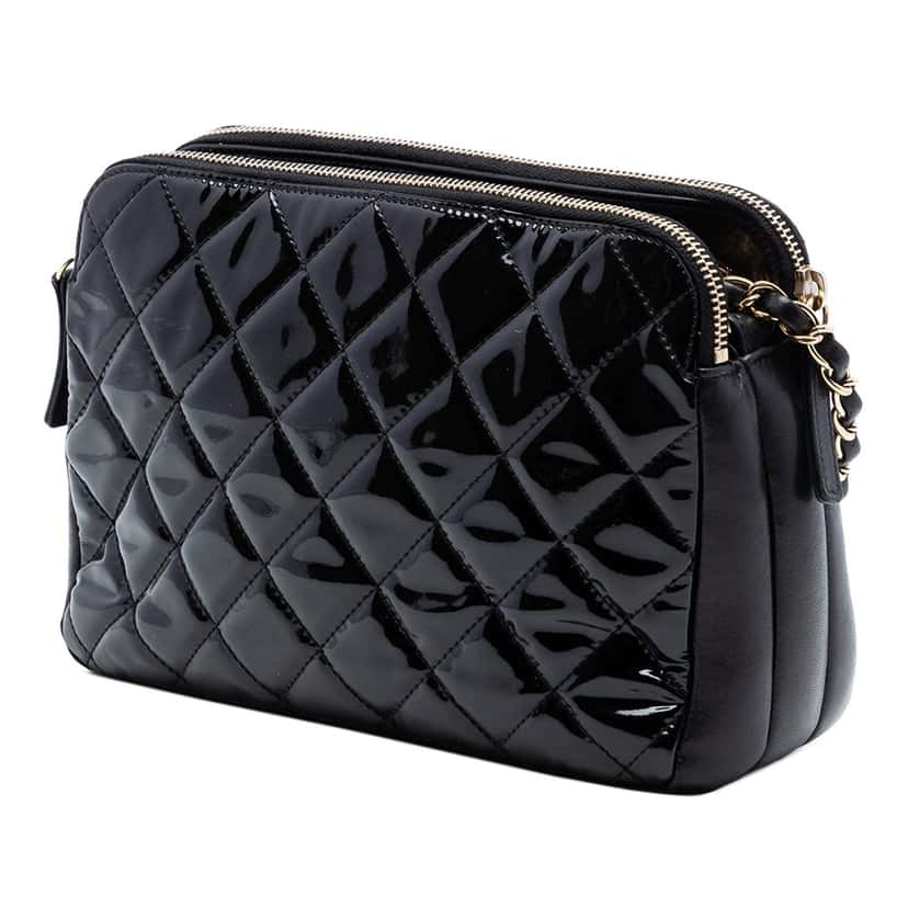Chanel CC Quilted Patent Double Zip Camera Bag Black Leather Very good condition - Back View