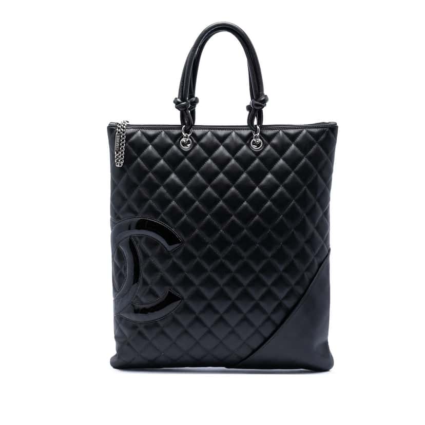 Chanel Quilted Lambskin Cambon Ligne Flat Tote Black Leather Very good condition - Front View