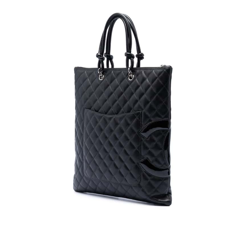 Chanel Quilted Lambskin Cambon Ligne Flat Tote Black Leather Very good condition - Back View