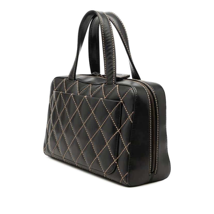 Chanel CC Lambskin Wild Stitch Handbag Black Leather Very good condition - Back View