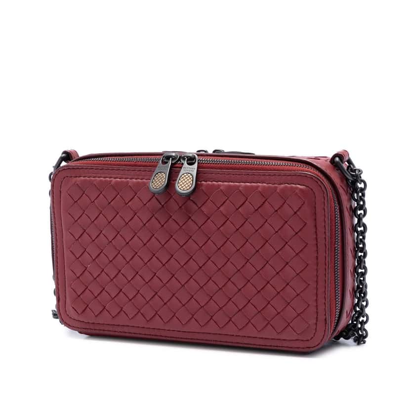 Bottega Veneta Nappa Intrecciato Double Zip Shoulder Bag Red Leather Very good condition - Back View