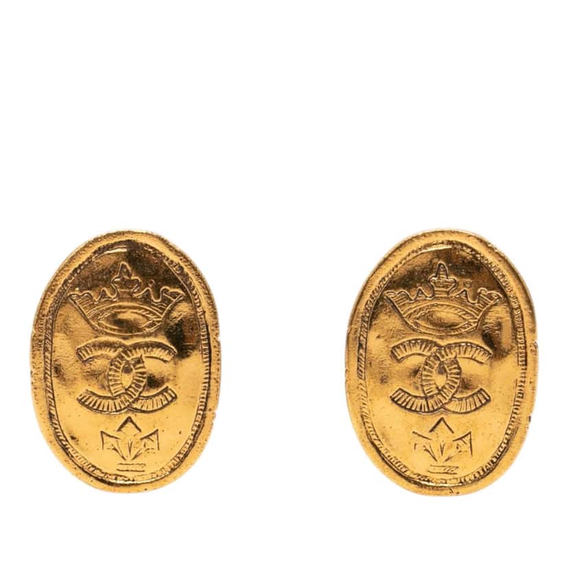 Chanel CC Gold Plated Oval Crown Earrings Gold Metal Very good condition - Front View