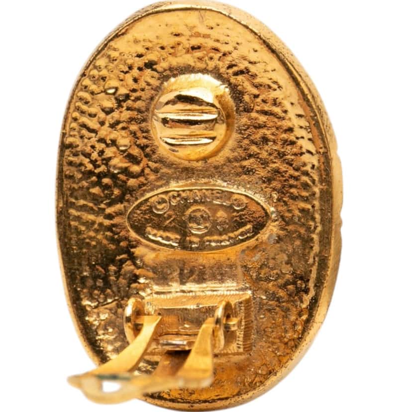 Chanel CC Gold Plated Oval Crown Earrings Gold Metal Very good condition - Inside View