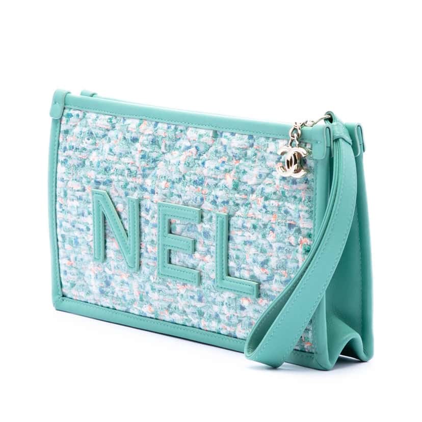 Chanel Tweed PVC Logo Wristlet Clutch Blue Very good condition - Back View