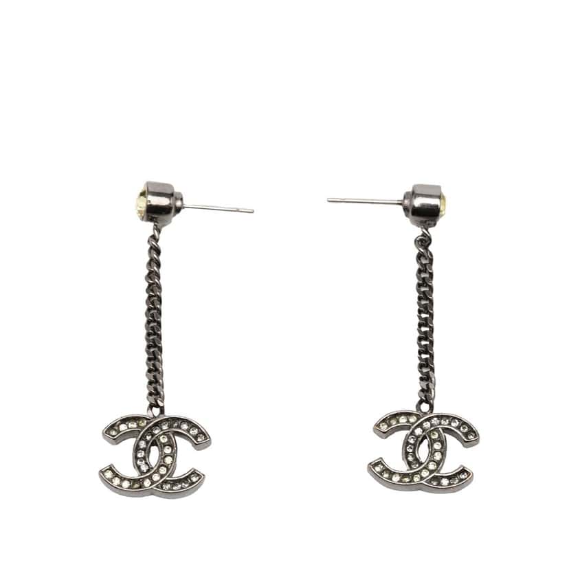 Chanel CC Brass and Strass Swing Push Back Earrings Silver Metal Very good condition - Front View