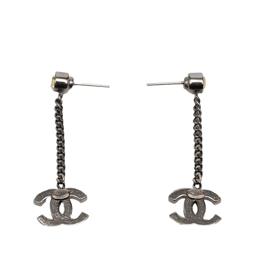 Chanel CC Brass and Strass Swing Push Back Earrings Silver Metal Very good condition - Back View