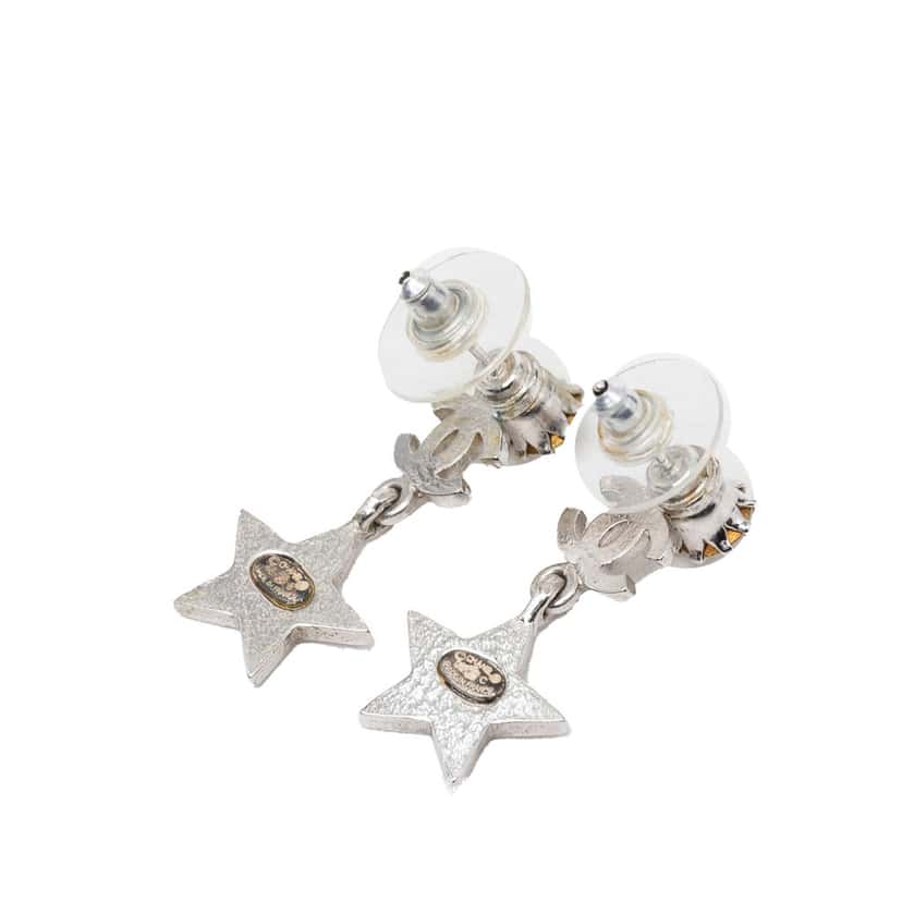 Chanel CC Brass and Strass Star Drop Push Back Earrings Silver Metal Very good condition - Back View