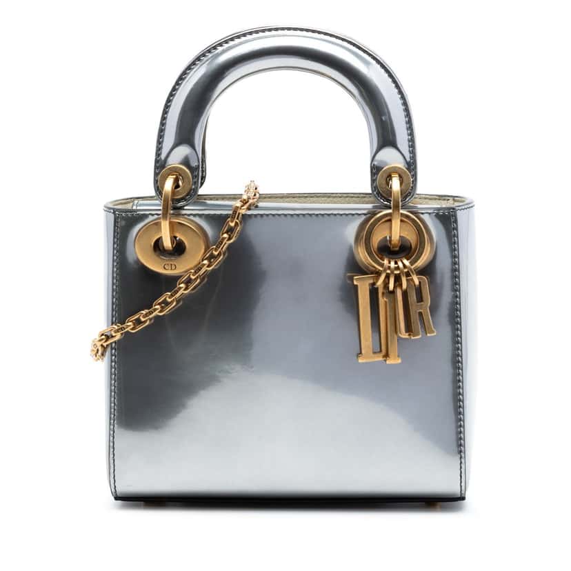 Dior Mini Metallic Patent Lady Dior Silver Leather Very good condition - Front View
