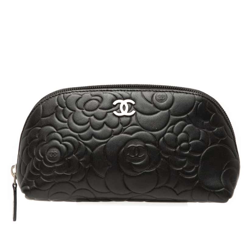Chanel Embossed Lambskin Camellia Pouch Black Leather Very good condition - Front View