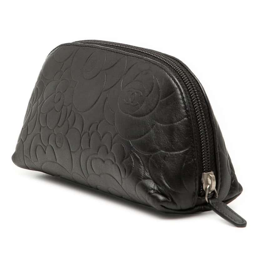Chanel Embossed Lambskin Camellia Pouch Black Leather Very good condition - Back View