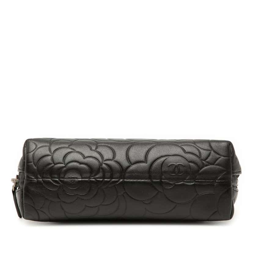 Chanel Embossed Lambskin Camellia Pouch Black Leather Very good condition - Inside View