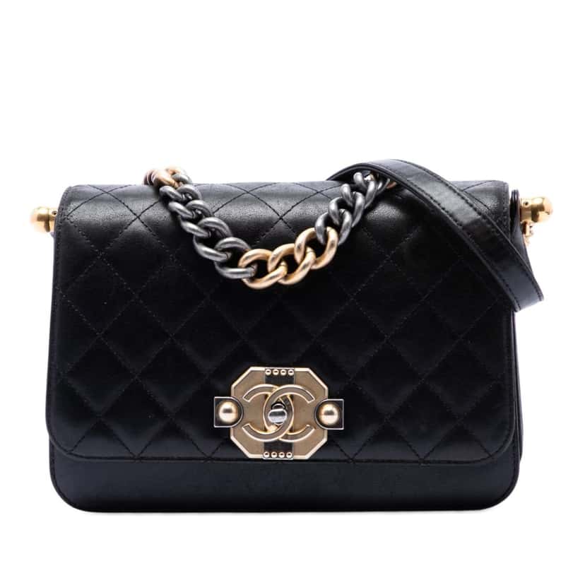 Chanel Paris Cosmopolite Medium Quilted Lambskin Ritz Flap Black Leather Very good condition - Front View