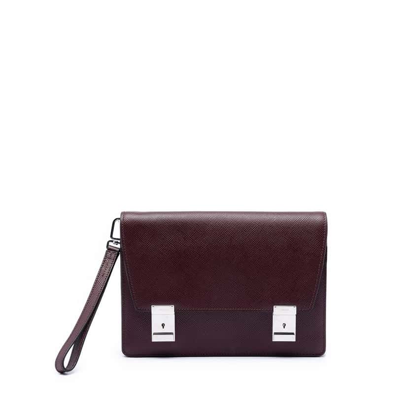 Prada Saffiano Double Lock Convertible Clutch Red Leather Very good condition - Front View
