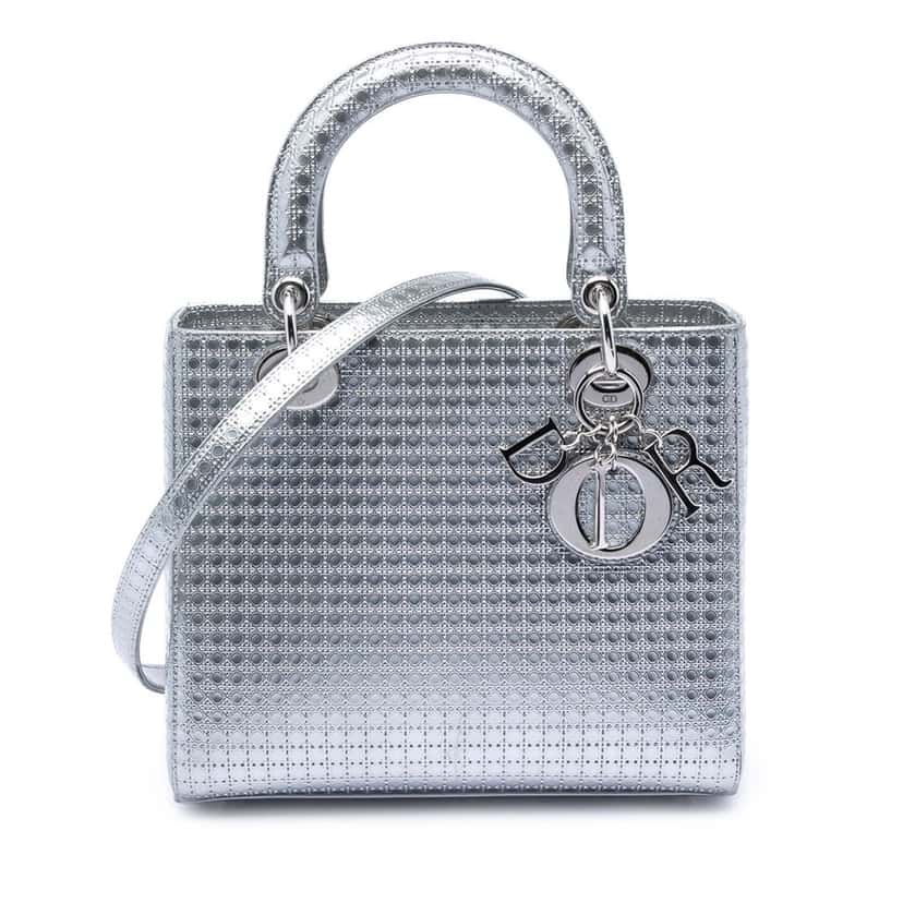 Dior Medium Metallic Patent Microcannage Lady Dior Silver Leather Very good condition - Front View