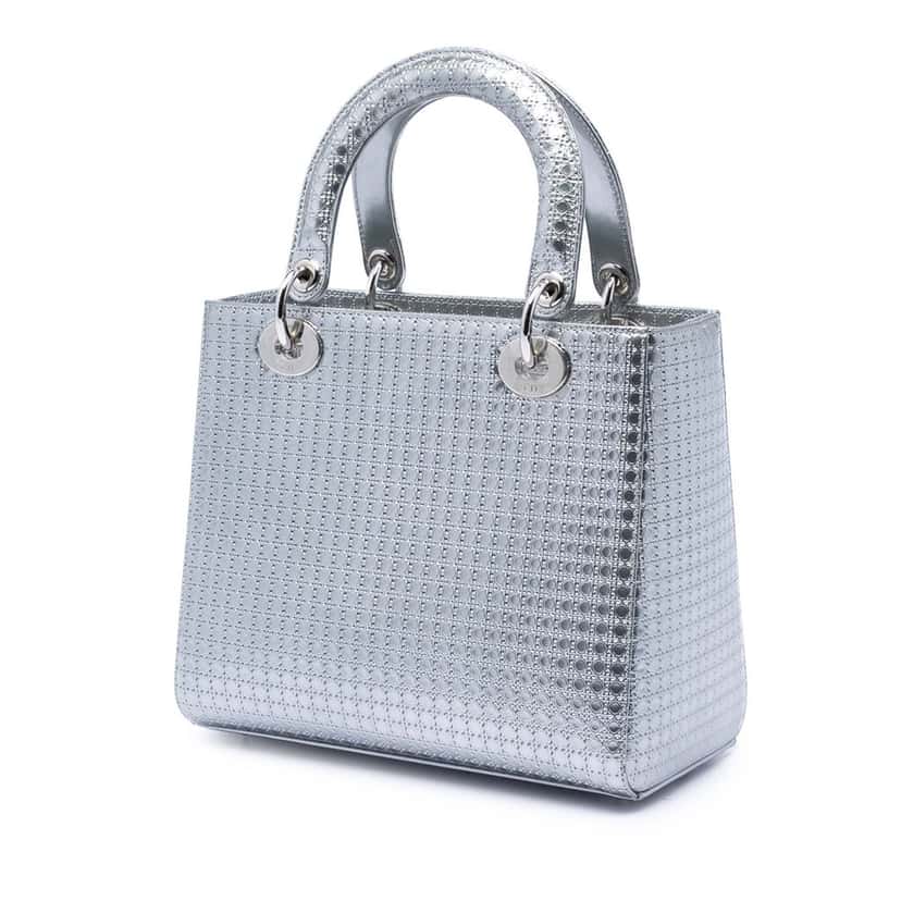 Dior Medium Metallic Patent Microcannage Lady Dior Silver Leather Very good condition - Back View