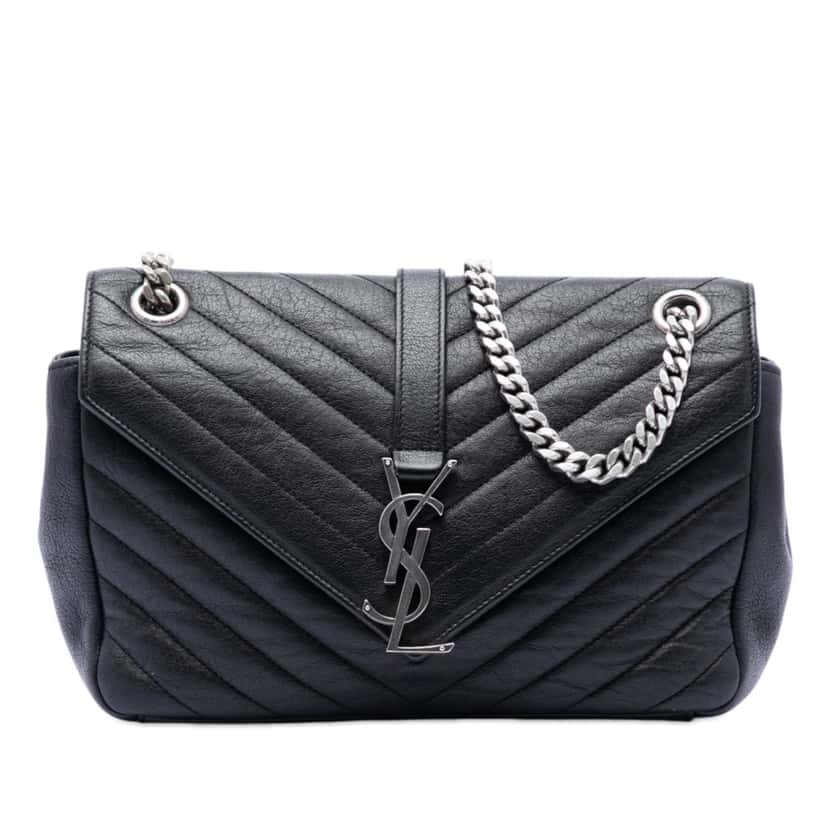 Saint Laurent Medium Chevron Sheepskin Monogram College Punk Shoulder Bag Black Leather Very good condition - Front View