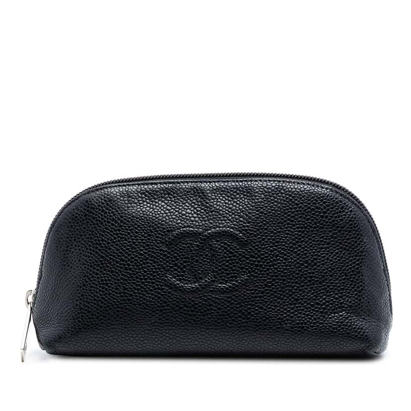 Chanel CC Caviar Cosmetic Pouch Black Leather Very good condition - Front View