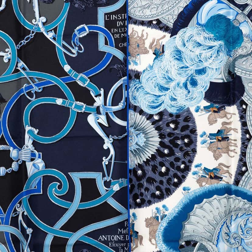 Hermès Par Mefsire Antoine De Plvvinel Silk Scarf 90 Blue Never worn - Back View