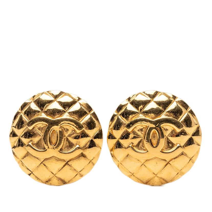 Chanel CC Quilted Gold Plated Round Clip On Earrings Gold Metal Very good condition - Front View