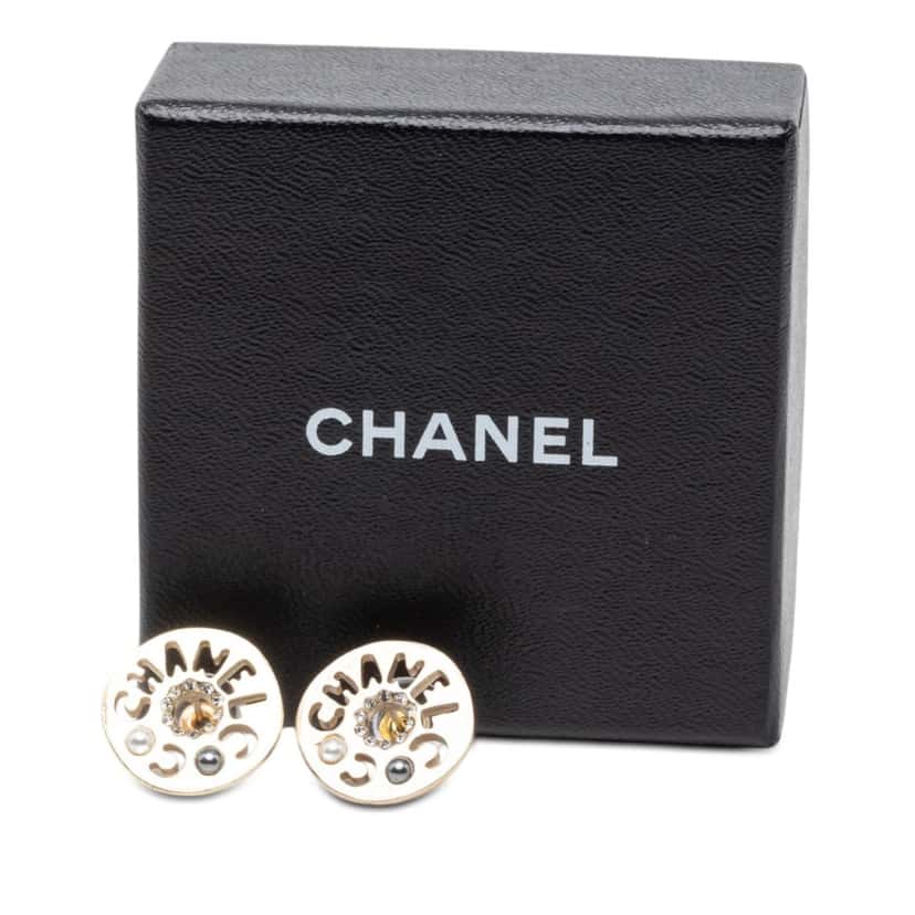 Chanel Gold Plated Strass Faux Pearl Coco Logo Disc Pushback Earrings Gold Metal Very good condition - Model View
