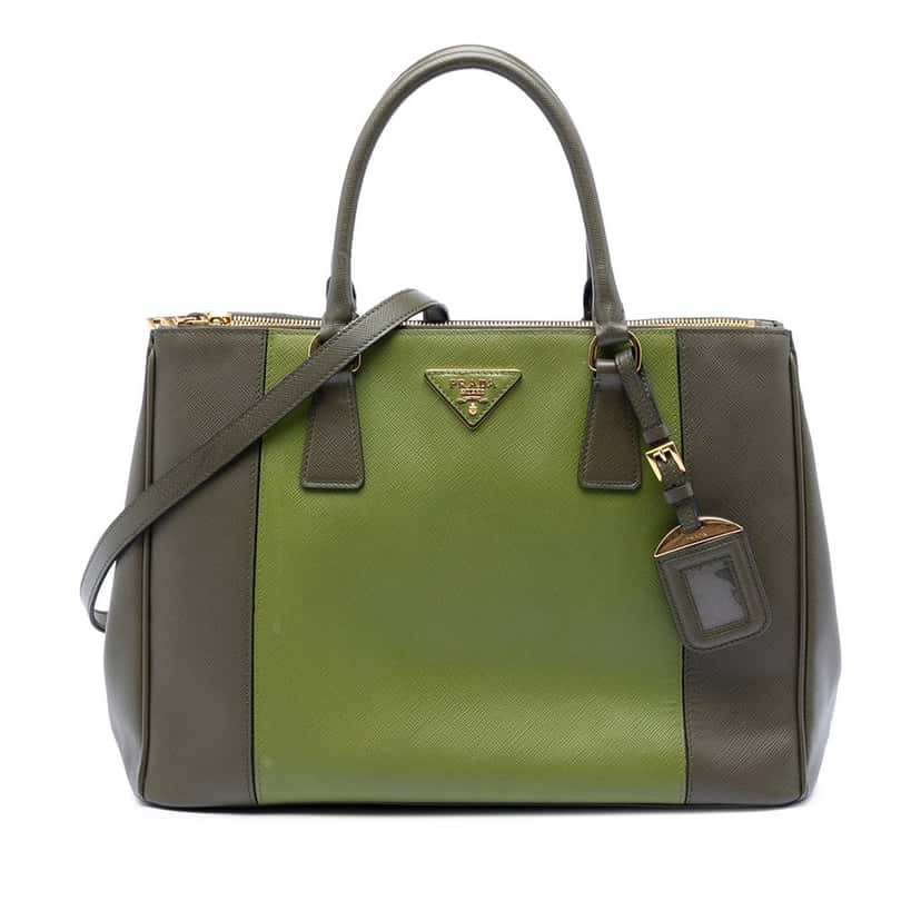 Prada Medium Bicolor Saffiano Lux Galleria Double Zip Satchel Green Leather Very good condition - Front View