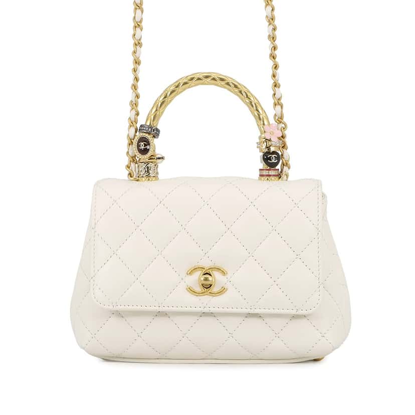 Chanel CC Quilted Lambskin Charms Coco Top Handle Bag White Leather Very good condition - Front View