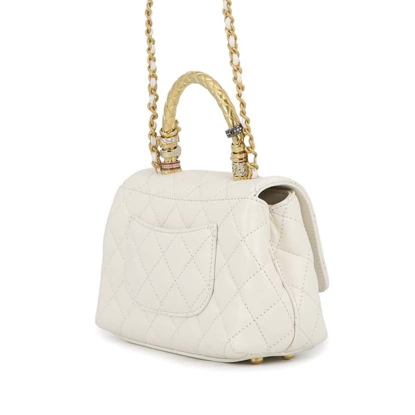 Chanel CC Quilted Lambskin Charms Coco Top Handle Bag White Leather Very good condition - Back View