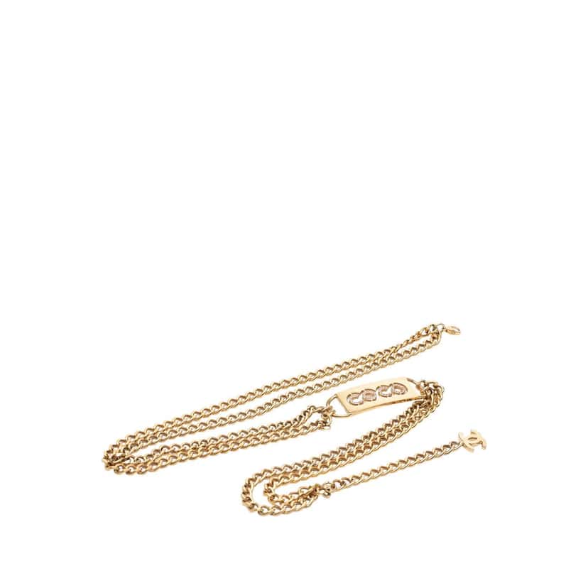 Chanel CC Gold Plated Strass Coco Plaque Double Chain Belt Gold Metal Very good condition - Front View