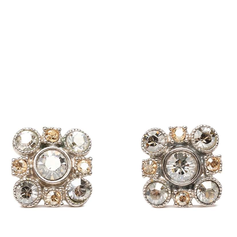 Chanel Brass Floral Strass Push Back Earrings Silver Metal Very good condition - Front View