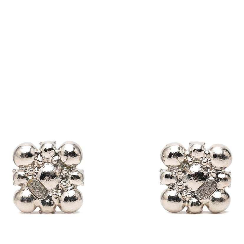 Chanel Brass Floral Strass Push Back Earrings Silver Metal Very good condition - Back View