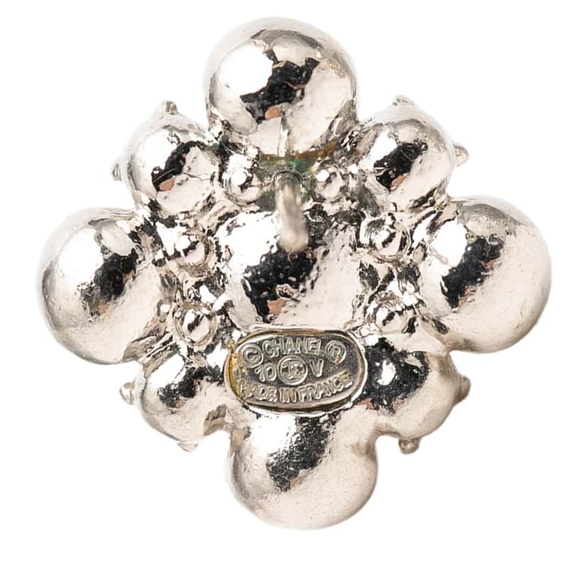 Chanel Brass Floral Strass Push Back Earrings Silver Metal Very good condition - Inside View