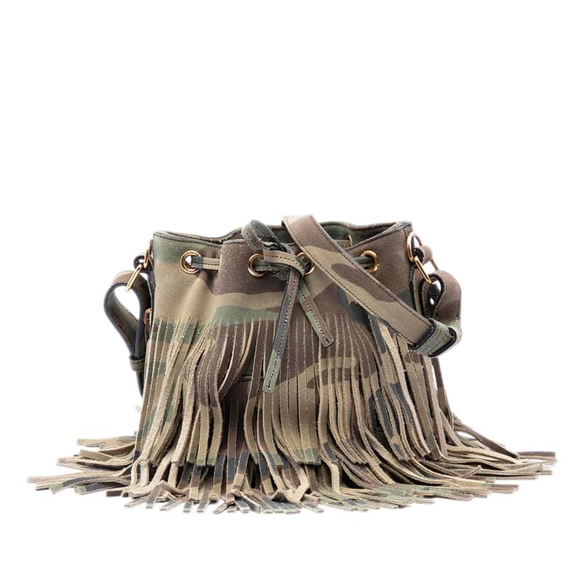 Saint Laurent Small Camouflage Print Suede Emmanuelle Fringe Bucket Bag Brown Leather Very good condition - Front View