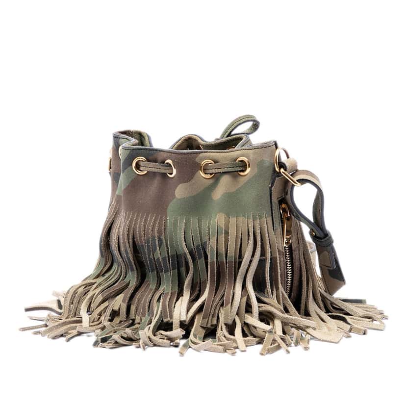 Saint Laurent Small Camouflage Print Suede Emmanuelle Fringe Bucket Bag Brown Leather Very good condition - Back View