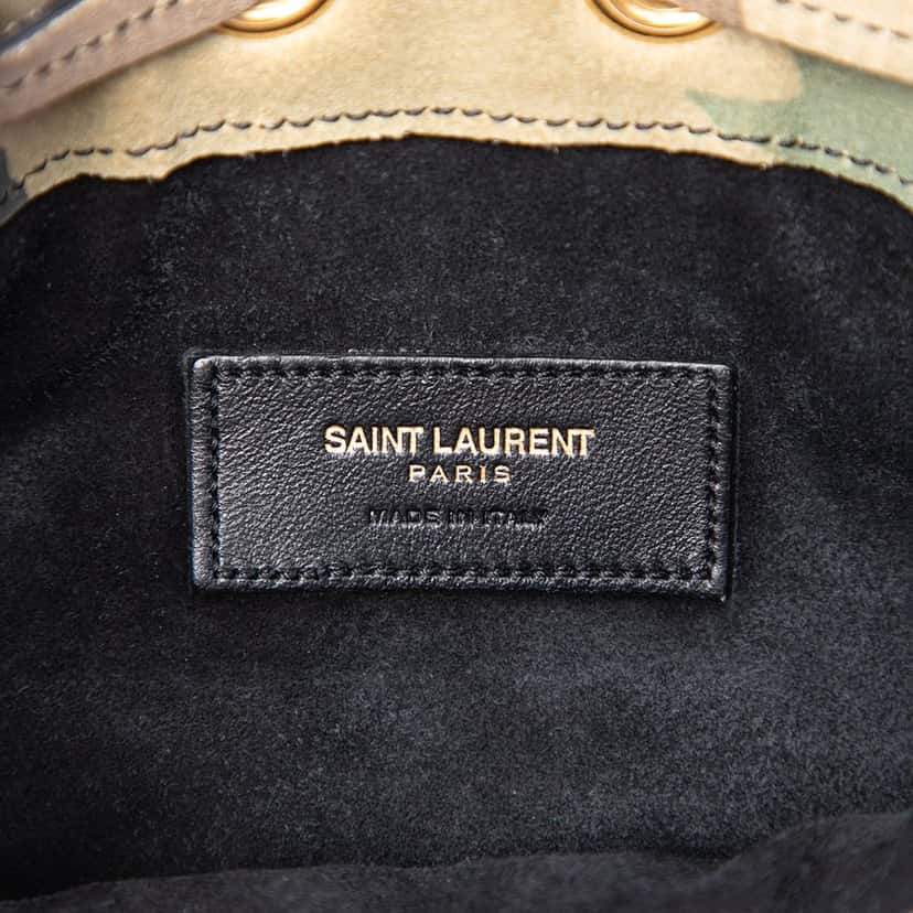 Saint Laurent Small Camouflage Print Suede Emmanuelle Fringe Bucket Bag Brown Leather Very good condition - Box View