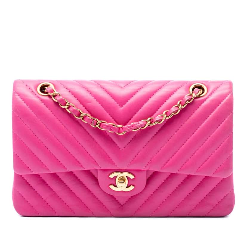Chanel Medium Classic Chevron Lambskin Double Flap Pink Leather Very good condition - Front View