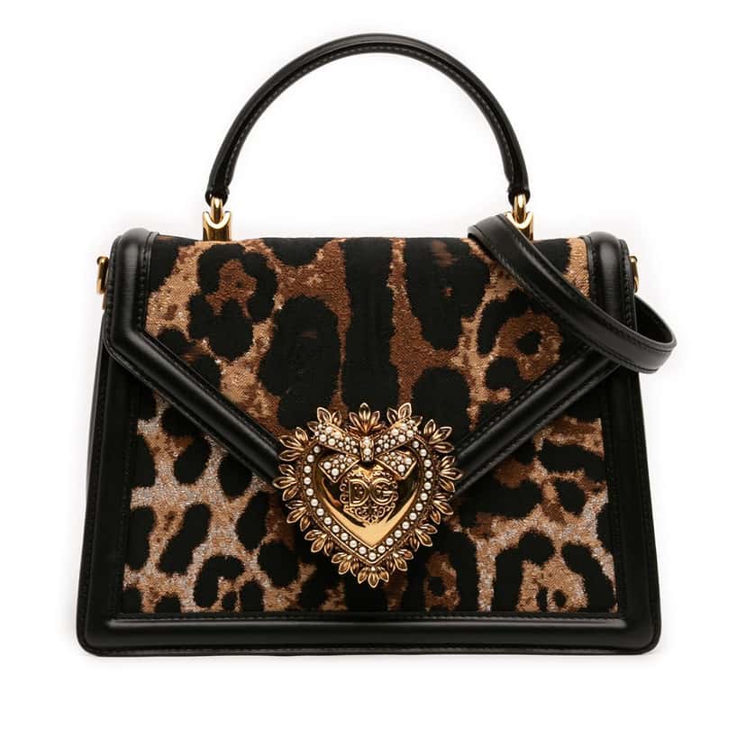 Dolce & Gabbana Medium Canvas Leopard Print Devotion Satchel Brown Very good condition - Front View