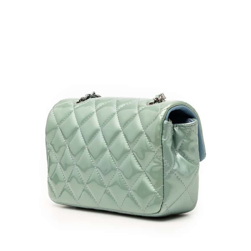 Chanel Extra Mini Rectangular Classic Metallic Patent Single Flap Green Leather Very good condition - Back View