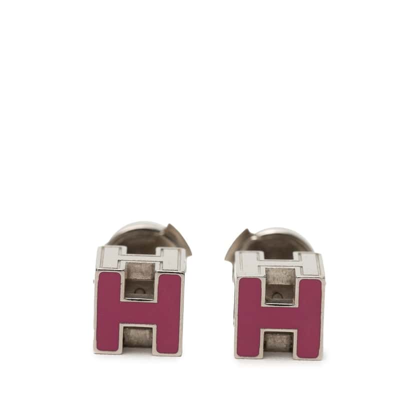 Hermès Palladium Plated Enamel Cage dH Cube Push Back Earrings Purple Metal Very good condition - Front View