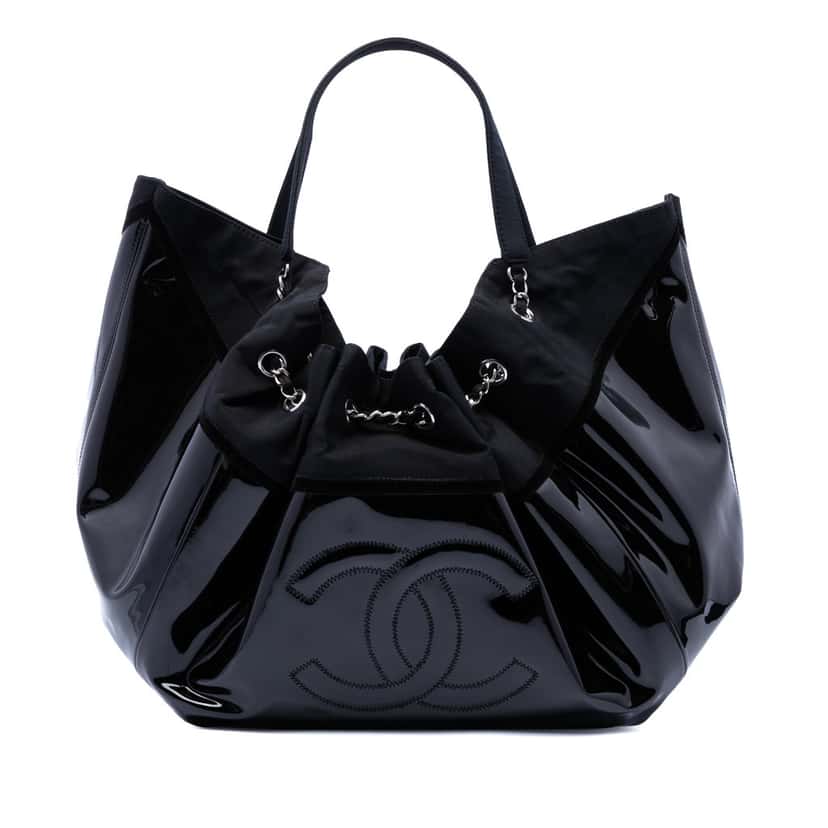 Chanel Large Patent Stretch Spirit Cabas Tote Black Leather Very good condition - Front View