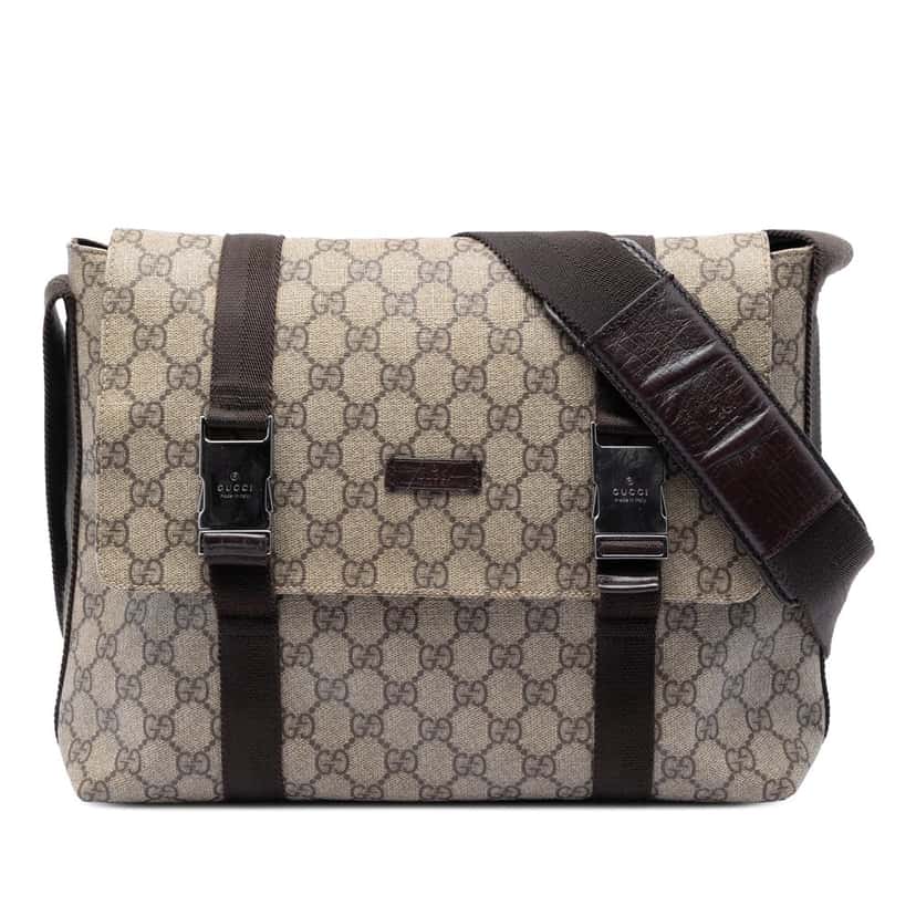 Gucci Large GG Supreme Double Buckle Flap Messenger Bag Beige Very good condition - Front View